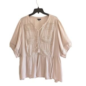 Torrid Boho Gauze Lace Peplum Blouse Beige Tassel Tie Top Size 3 3X Short Sleeve